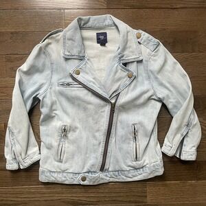 GAP Kids Moto Jacket Sz Small Light Wash Denim Distressed Look Zipper Pockets